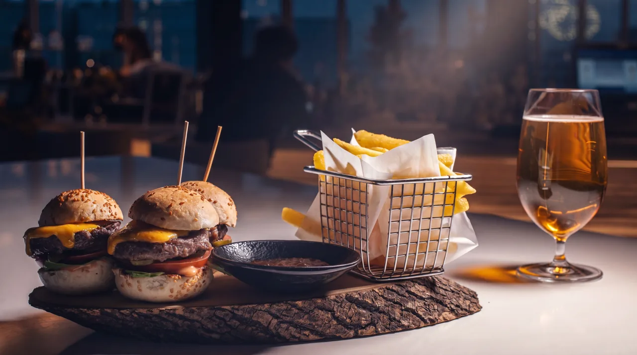 Loş ışıklı masada mini burger ve patates kızartması sunumu