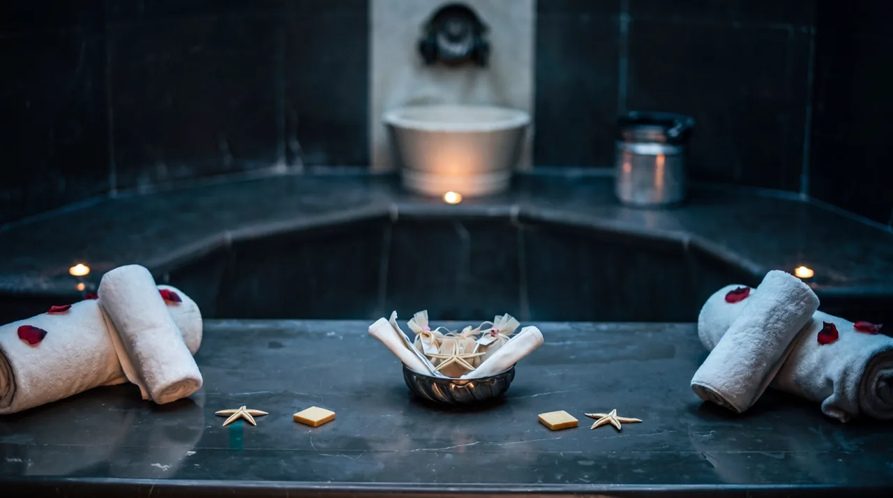 Su kenarında rulo havlu ve çiçek yaprakları bulunan spa havuzu
