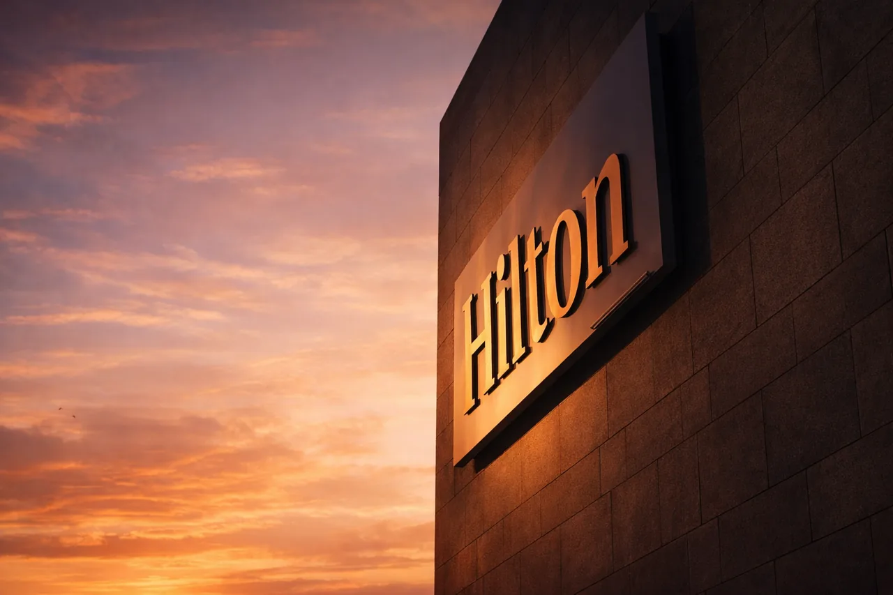 Gün batımı gökyüzü önünde bina cephesindeki Hilton yazısı