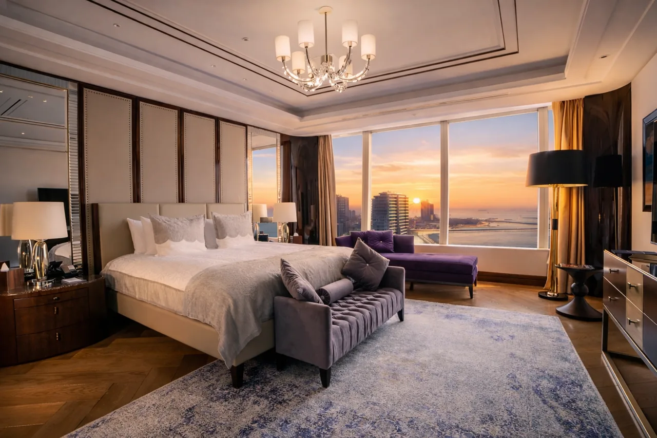 Oturma alanı ve gün batımı manzaralı geniş otel yatak odası
