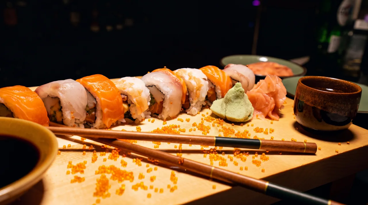Servis tahtasında sıralanmış sushi parçaları