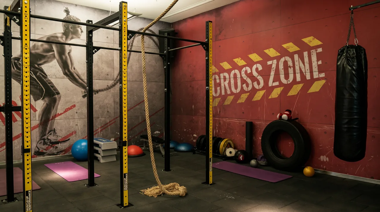 Antrenman ekipmanları ve Cross Zone duvarı bulunan fitness stüdyosu