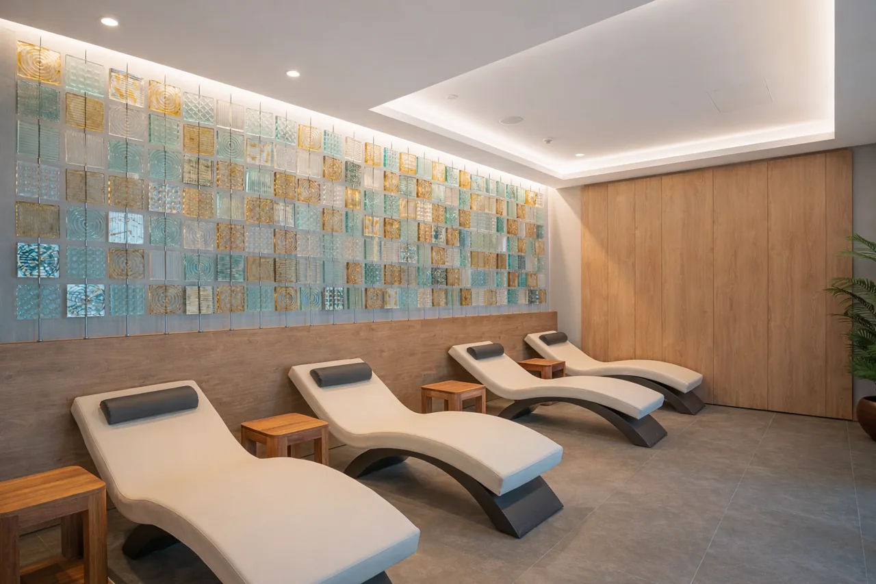 Yumuşak aydınlatmalı mozaik duvar yanında spa dinlenme yatakları