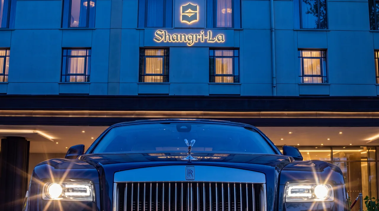 Alacakaranlıkta aydınlatılmış Shangri-La otel girişinde otomobil